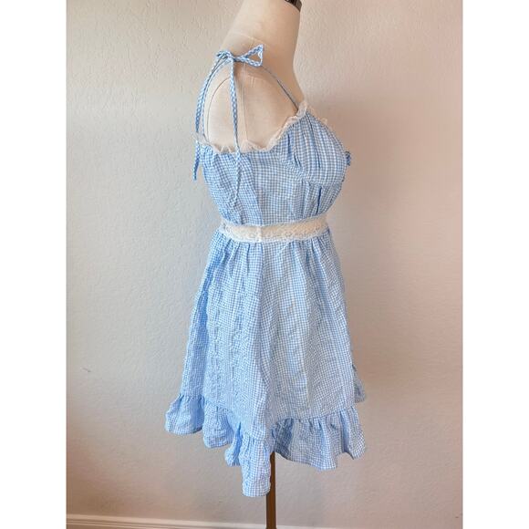 NWT Pink Coconut Blue Gingham Lace Mini Dress Coquette Cottagecore size M - Picture 3 of 12